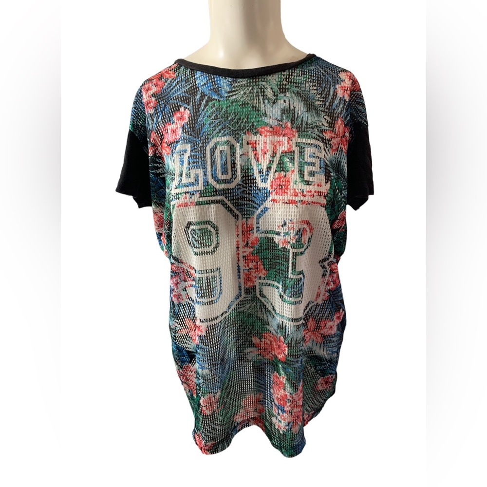 Love 93 Floral Tunic Top Womens LG Derek Heart Poly Cotton Graphic Tee